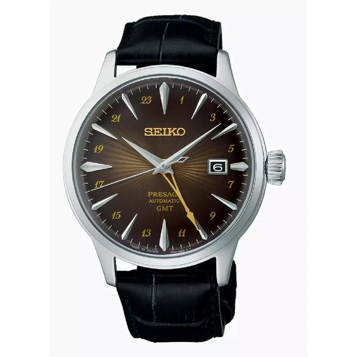 Seiko Men`s Presage Gmt Brown Dial Cocktail Time Leather Band Watch SSK039