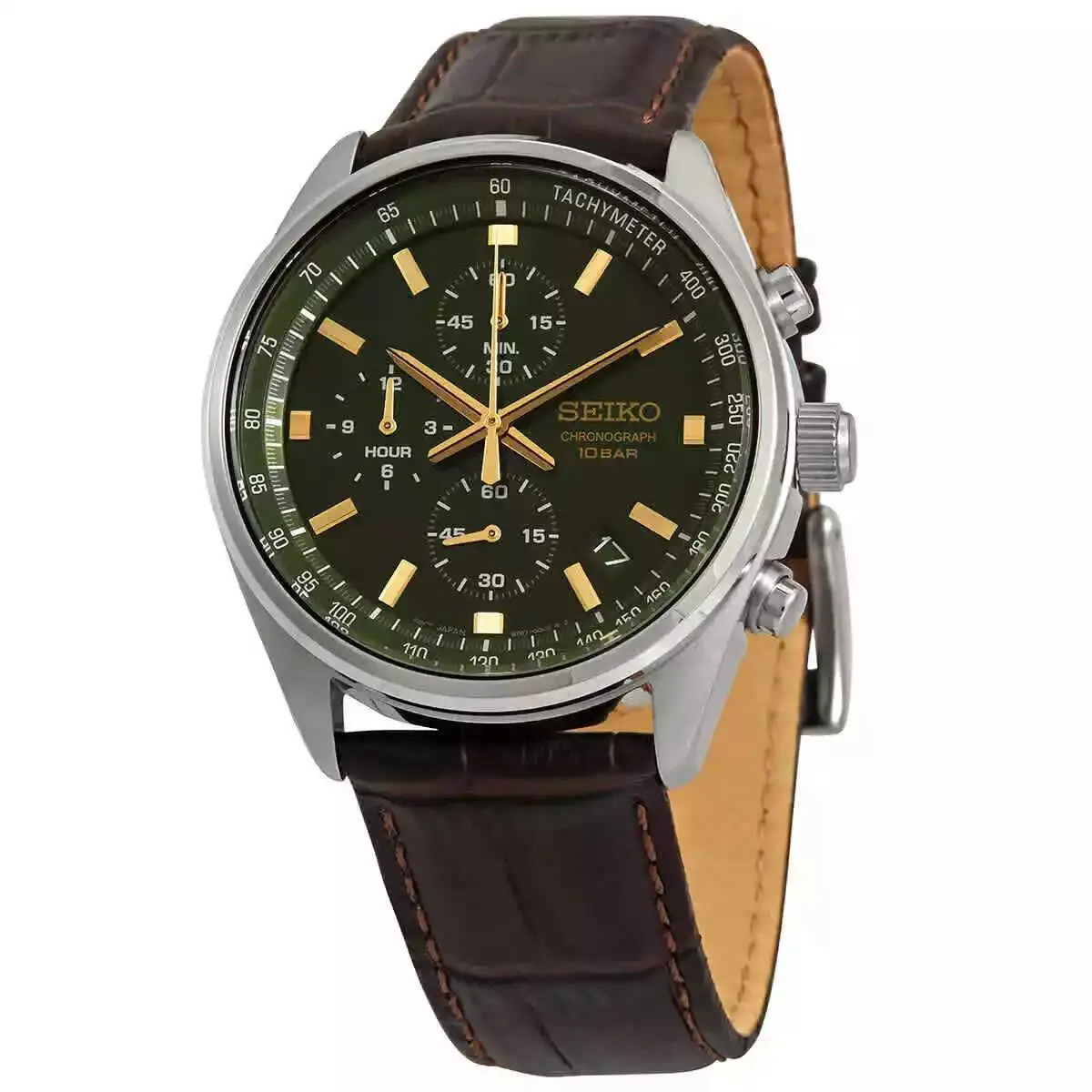 Seiko Men`s Core Chronograph Quartz Green Dial Watch - SSB385P1 - Dial: Green, Band: Brown, Bezel: Silver