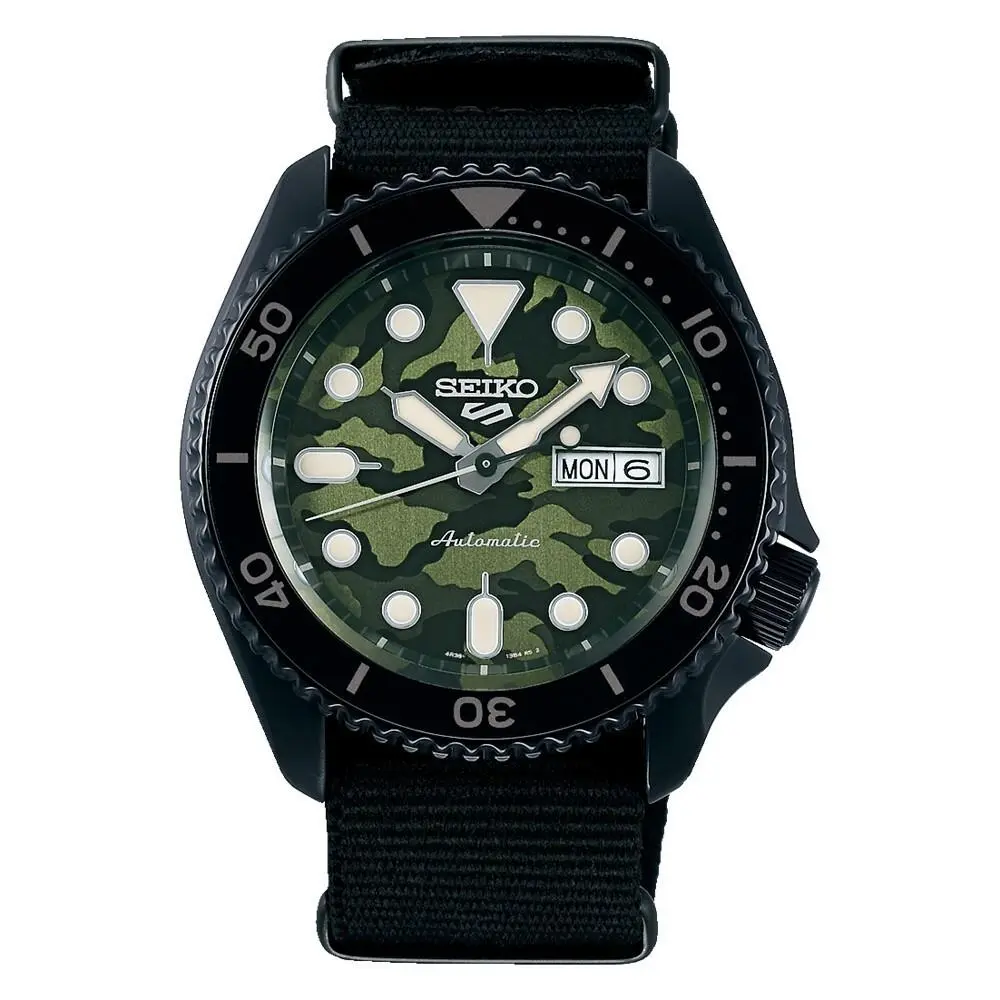 Seiko 5 Sports SRPJ37 Men`s Black IP Slip-thru Band Camo Dial Automatic Watch