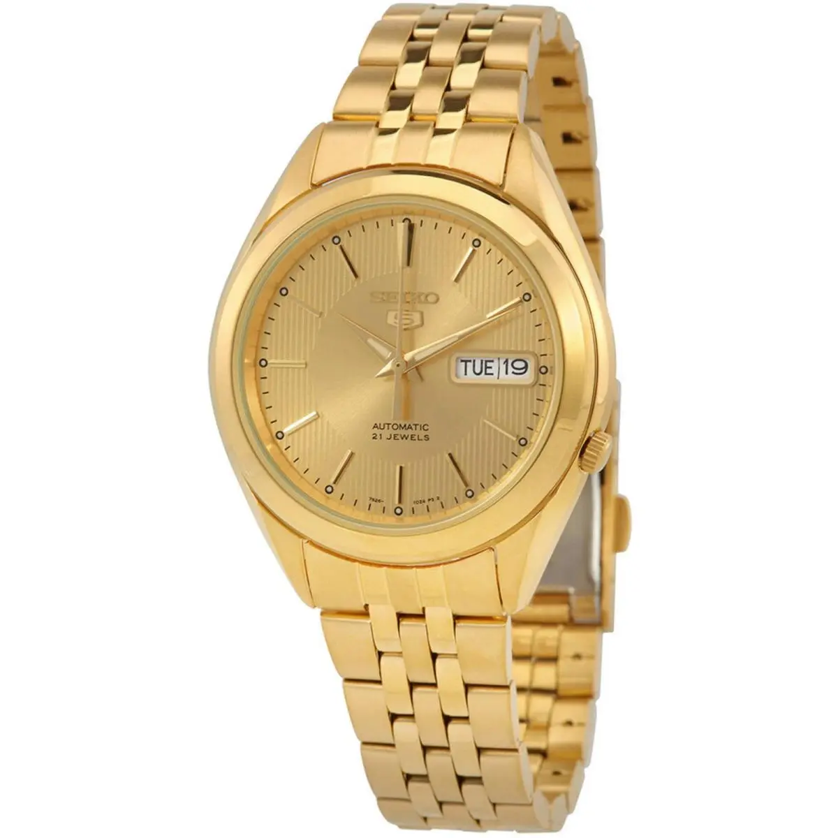 Seiko Men`s Analog Watch Seiko 5 Automatic Gold Dial Steel Bracelet SNKL28K1