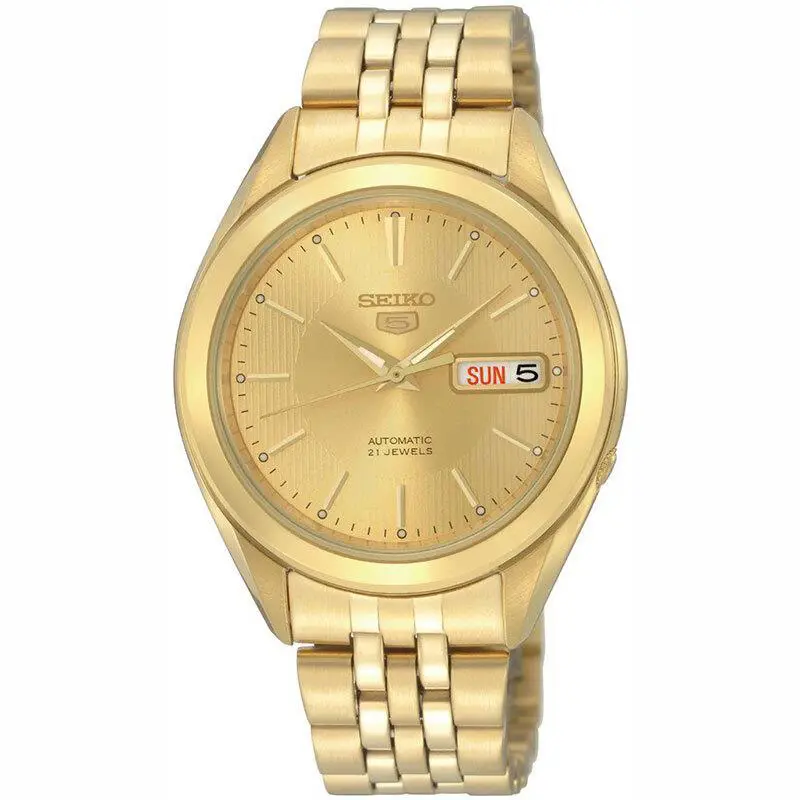 Seiko Men`s Watch Seiko 5 Automatic Gold Dial Steel Bracelet Day-date SNKL28K1