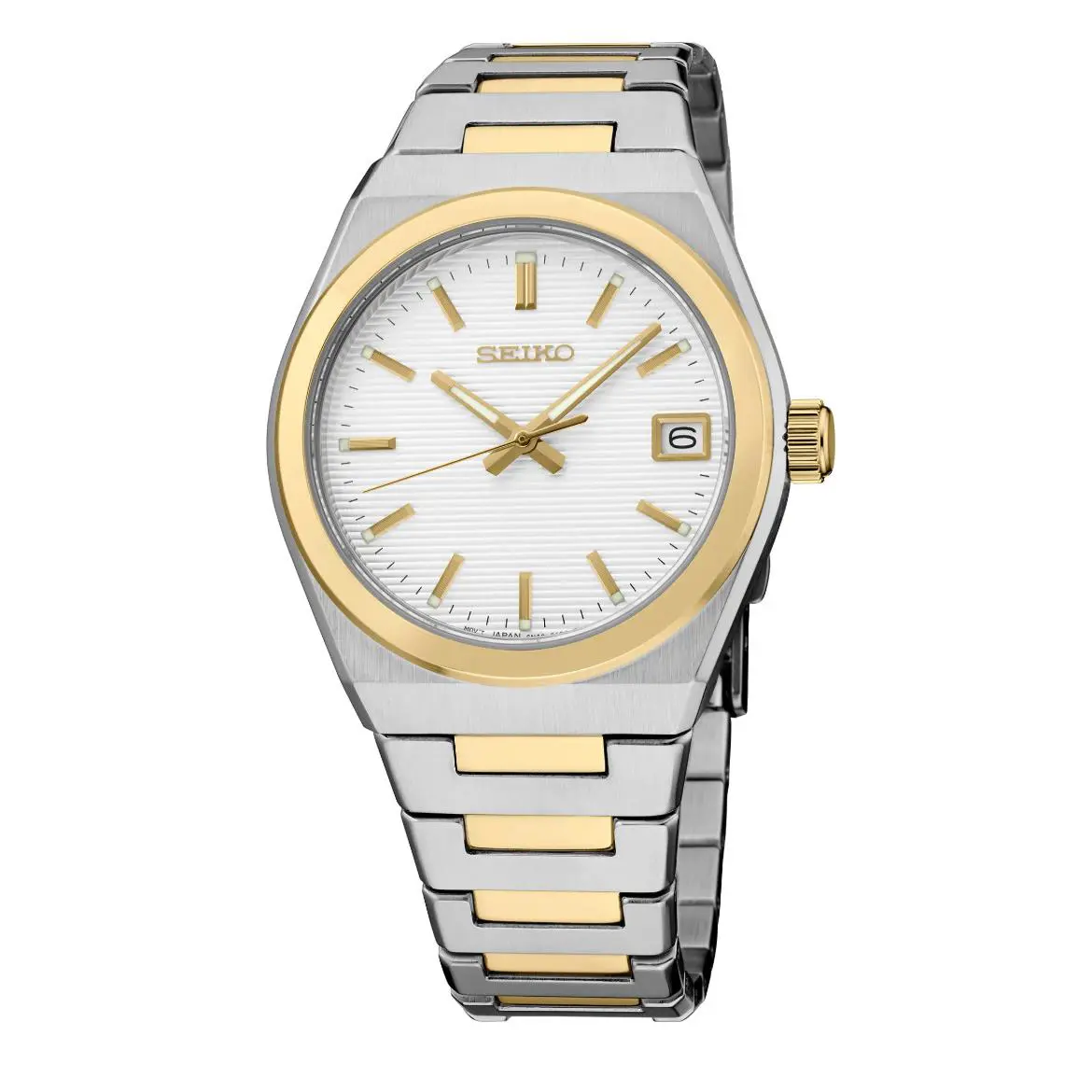 Seiko Classic SUR578 Essentials 34 mm Two Tone Steel White Quartz Men`s Watch - Dial: White, Band: Gold, Silver, Bezel: Gold