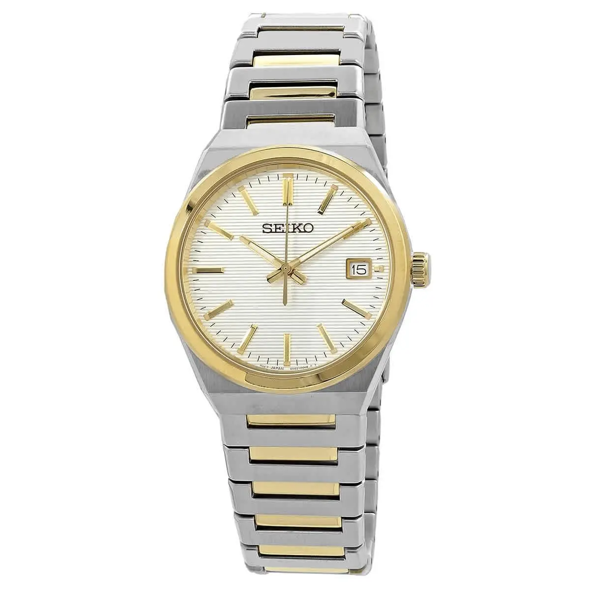Seiko Classic Quartz White Dial Two-tone Men`s Watch SUR558P1 - Dial: Silver, Band: Silver, Bezel: Gold