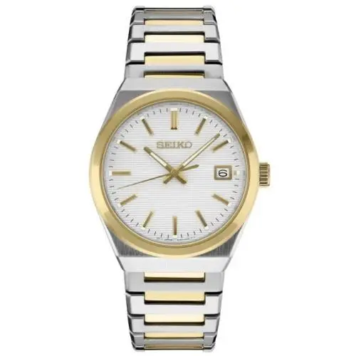 Seiko SUR558 Essentials Quartz Two Tone Men`s Watch - Dial: White, Band: Gold, Silver, Bezel: Gold