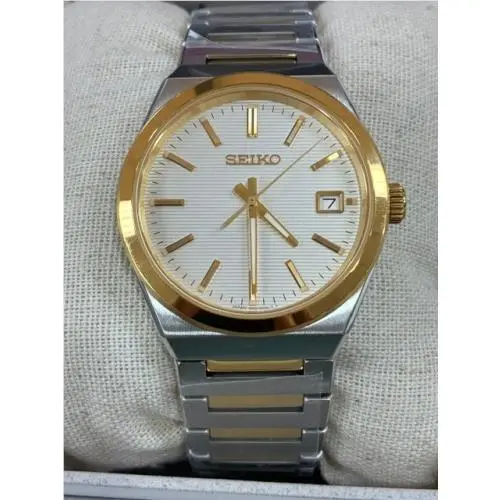 Seiko Essentials Quartz Men`s Watch SUR558 - Dial: White, Band: Silver, Bezel: Gold