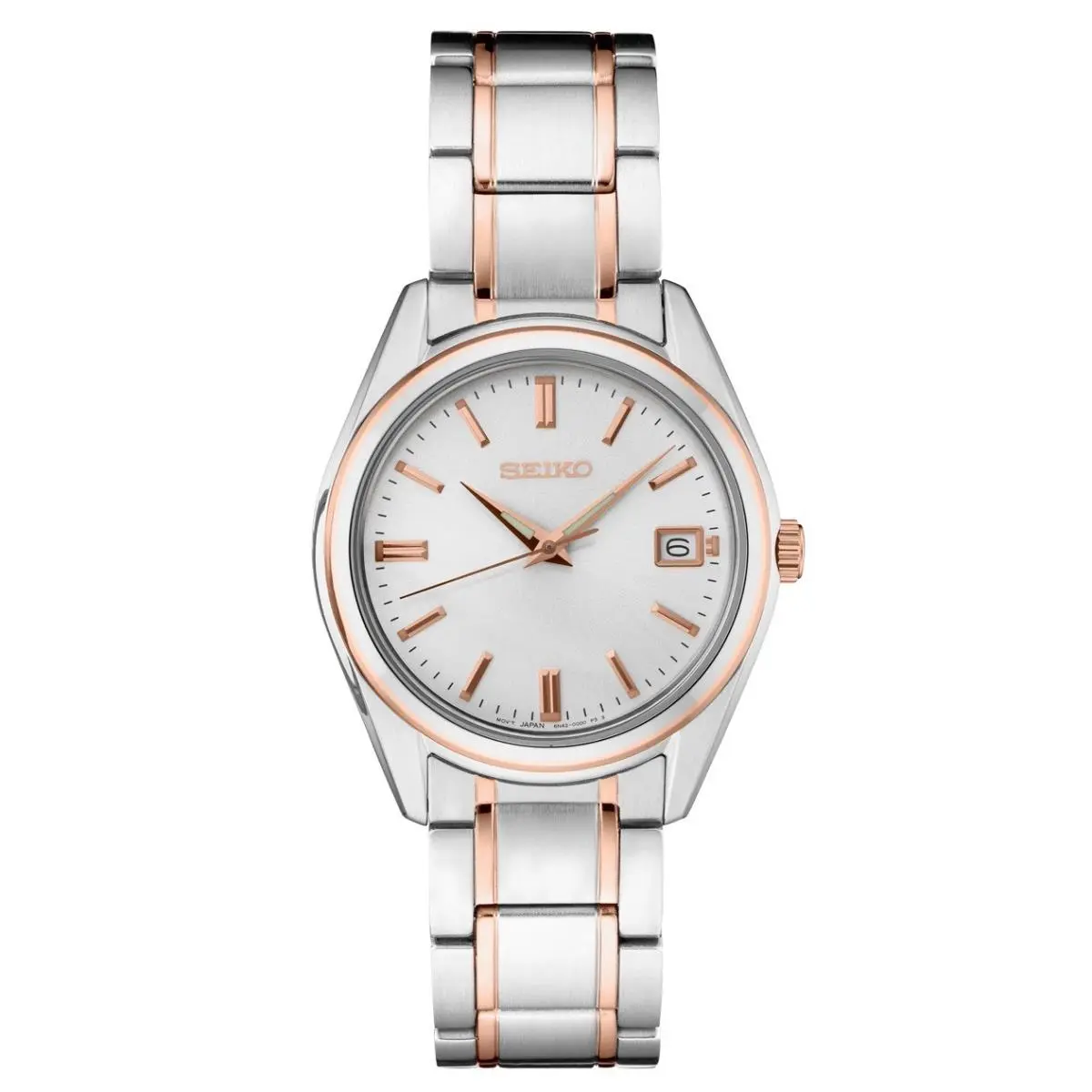 Seiko Essentials Mens Two Tone Stainless Steel Case and Bracelet Watch SUR322 - Dial: White, Band: Silver, Rose, Bezel: Rose Gold