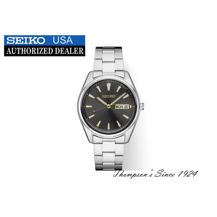 Seiko Essentials SUR343 Day Date Steel 40.2 mm Gray Dial Quartz Men`s Watch - Dial: Gray, Band: Silver, Bezel: Silver