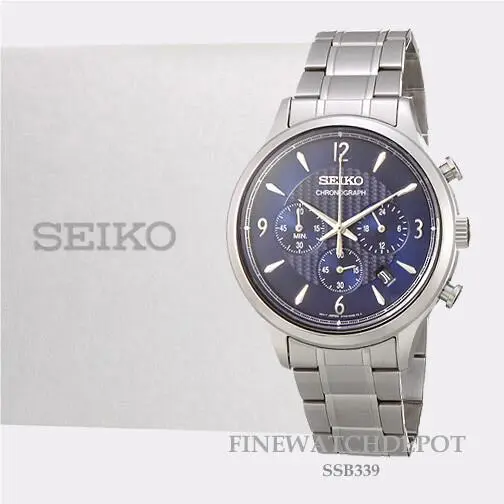 Seiko Men Essentials Solar Chronograph Stainless Steel Watch SSB339 - Dial: Blue, Band: Grey