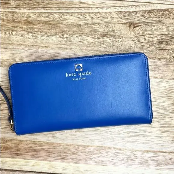 Newbury Lane Gold Zip Around Leather Wallet Multi Color WLRU2065 - Blble/Fhny by Kate Spade