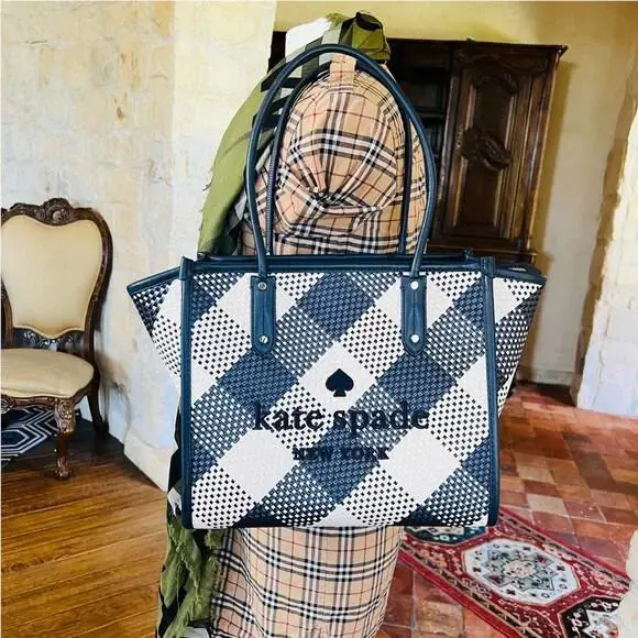 Kate Spade Ella Large Tote Navy Blue Woven Gingham Shoulder Bag/ Wallet Option