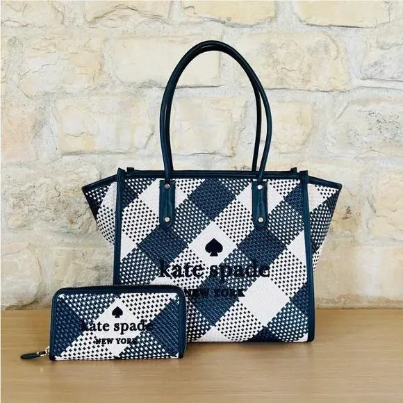 Ella Large Tote Navy Blue Woven Gingham Shoulder Bag/ Wallet Option Handbag+wallet by Kate Spade