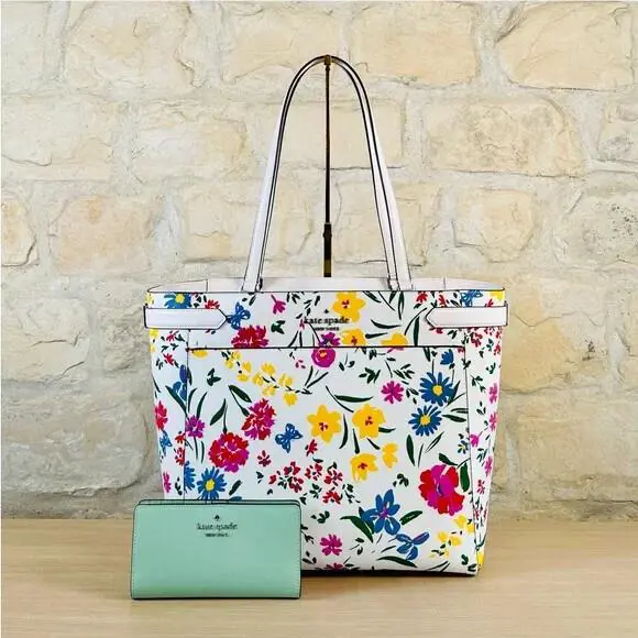 Staci Laptop Tote Bag Garden Bouquet Floral Cream Multi/wallet Option Handbag+Wallet by Kate Spade