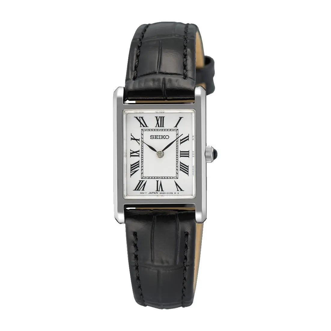 Womens White Roman Dial Black Leather Sapphire Quartz Dress Watch SWR107P1 by Seiko
