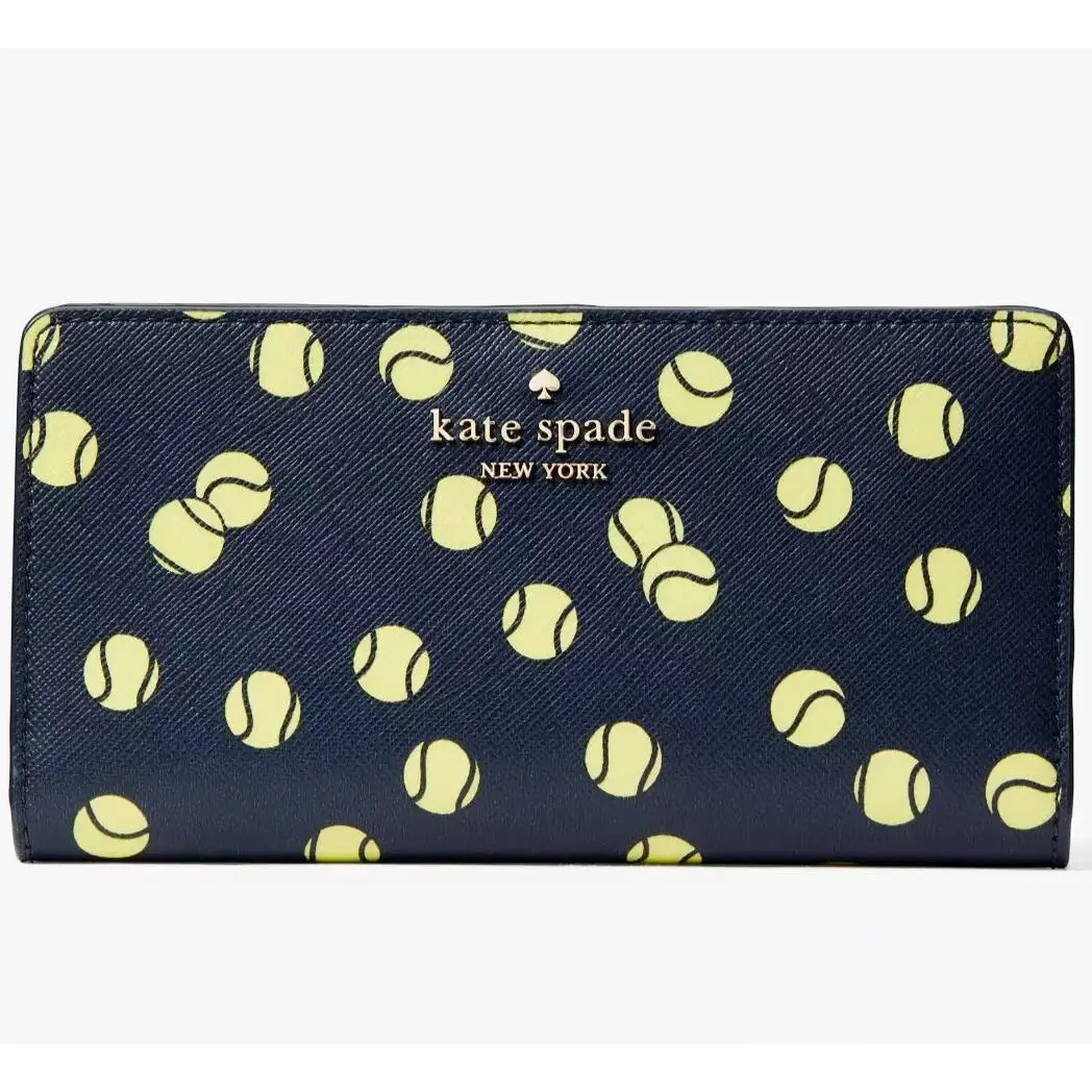 Kate Spade Staci Large Slim Bifold Navy Blue Tennis Balls Wallet KF497