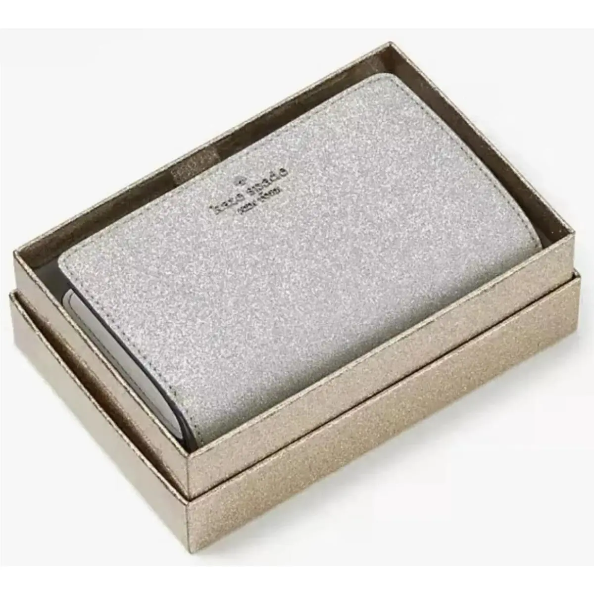 Kate Spade Medium Compact Bifold Silver Wallet Glimmer Boxed KE446 Glitter