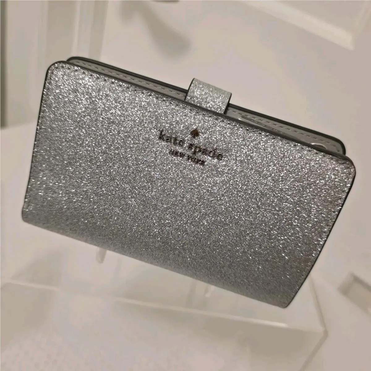 Kate Spade Wallet Medium Compact Bifold Metallic Glitter Silver Ret