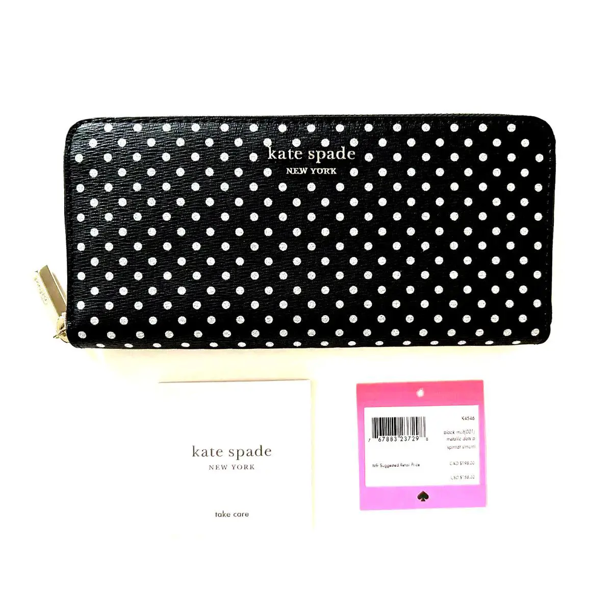 Kate Spade Spencer Metallic Dot Continental Zip Around Wallet Black New Nip