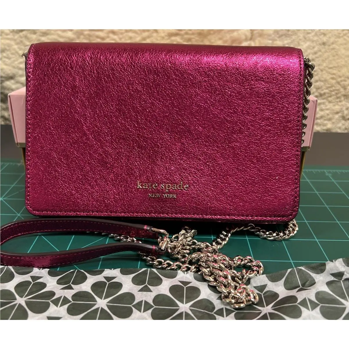 Kate Spade Spencer Chain Crossbody Wallet Metallic Pink PWR00158 Gift Box