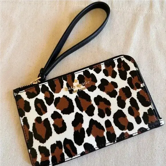 Kate Spade Lucy Leopard Spotted Small L Zip Wristlet Wallet KH770 Cream Multi