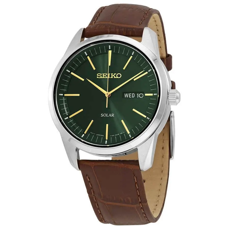 Seiko Dark Green Sunray Dial Solar Powered Men`s Watch SNE529 - Dial: Green, Band: Brown, Bezel: Silver