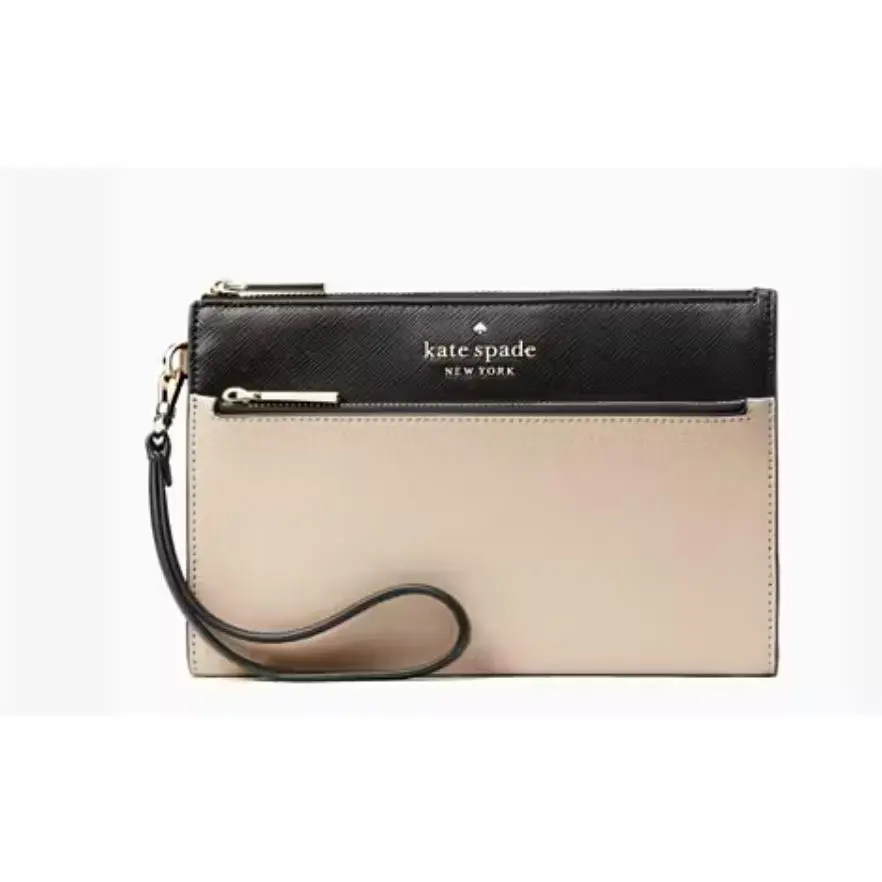 Kate Spade Staci Double Zip Medium Wristlet Wallet Colorblock Beige/black New