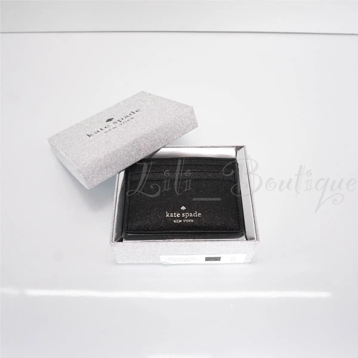 2022 Kate Spade K9261 Tinsel Boxed Small Slim Card Caseholder Glitter Black