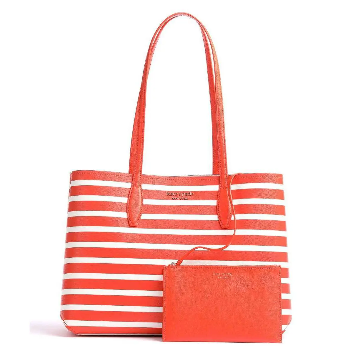 Kate Spade All Day Sailing Stripe Large Tote Orange White Pouch PXR00388 FS