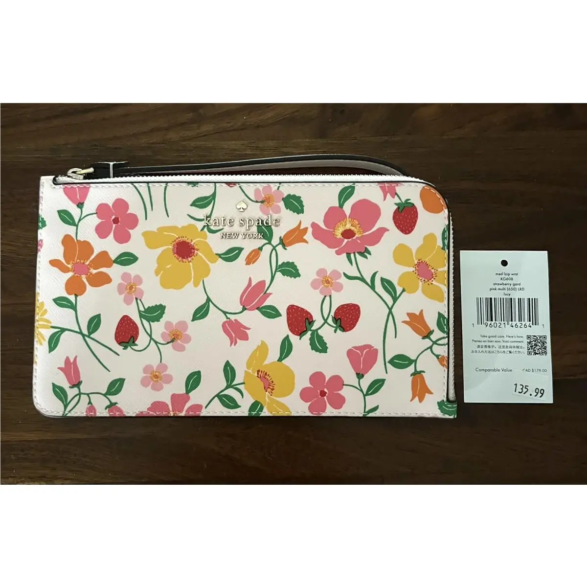 New York Lucy Strawberry Garden Medium L-zip Wristlet Pink Multi by Kate Spade