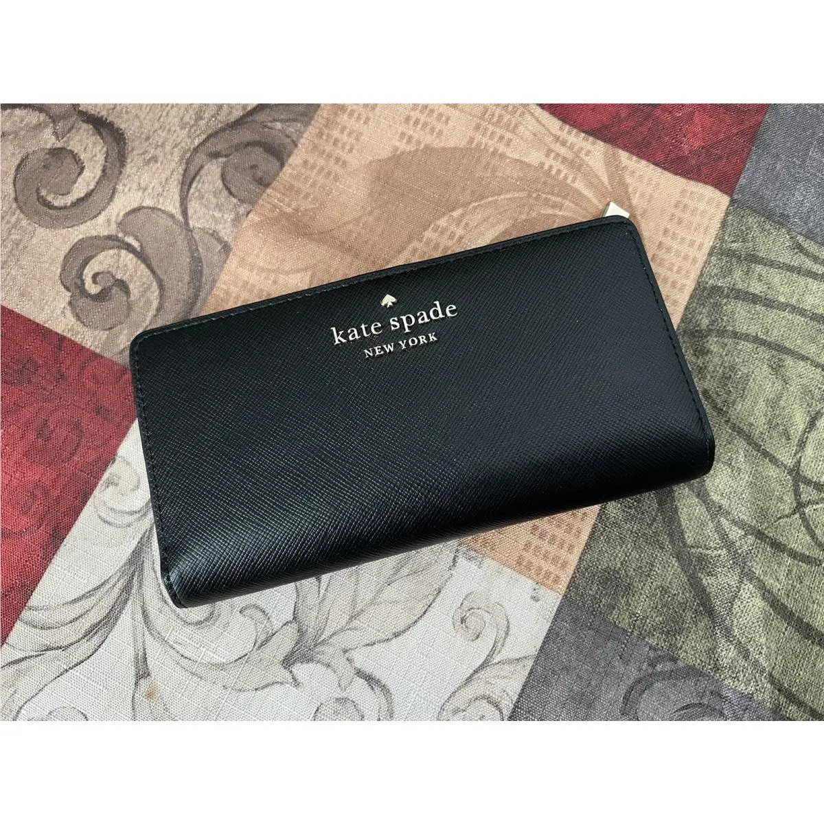 Kate Spade Staci Large Slim Bifold Wallet Black Leather Card Case Holder Gold