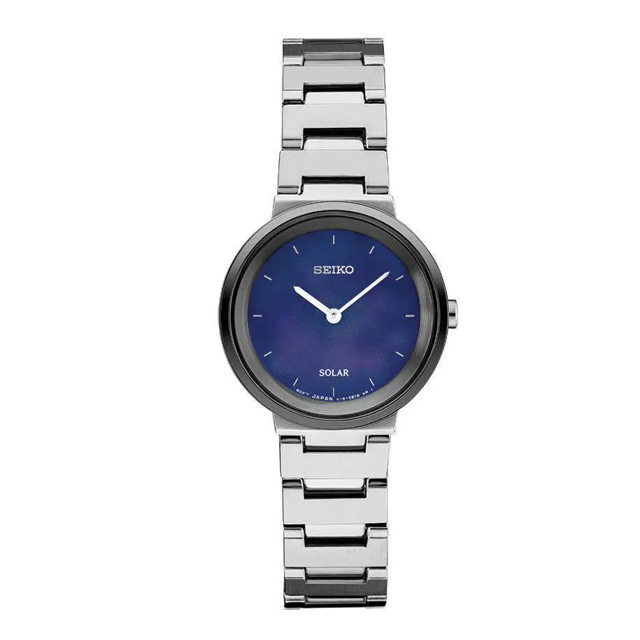 Seiko Women Solar Silver Stainless Steel Blue Mother of Pearl Dial Watch SUP385 - Face: Blue, Dial: Silver, Blue, Band: Silver, Blue