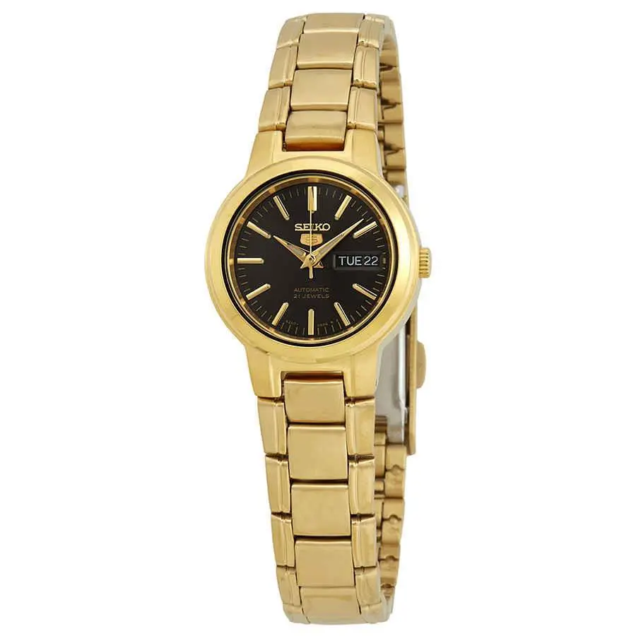 Seiko Series 5 Automatic Black Dial Ladies Watch SYME48 - Black, Dial: Black, Band: Gold