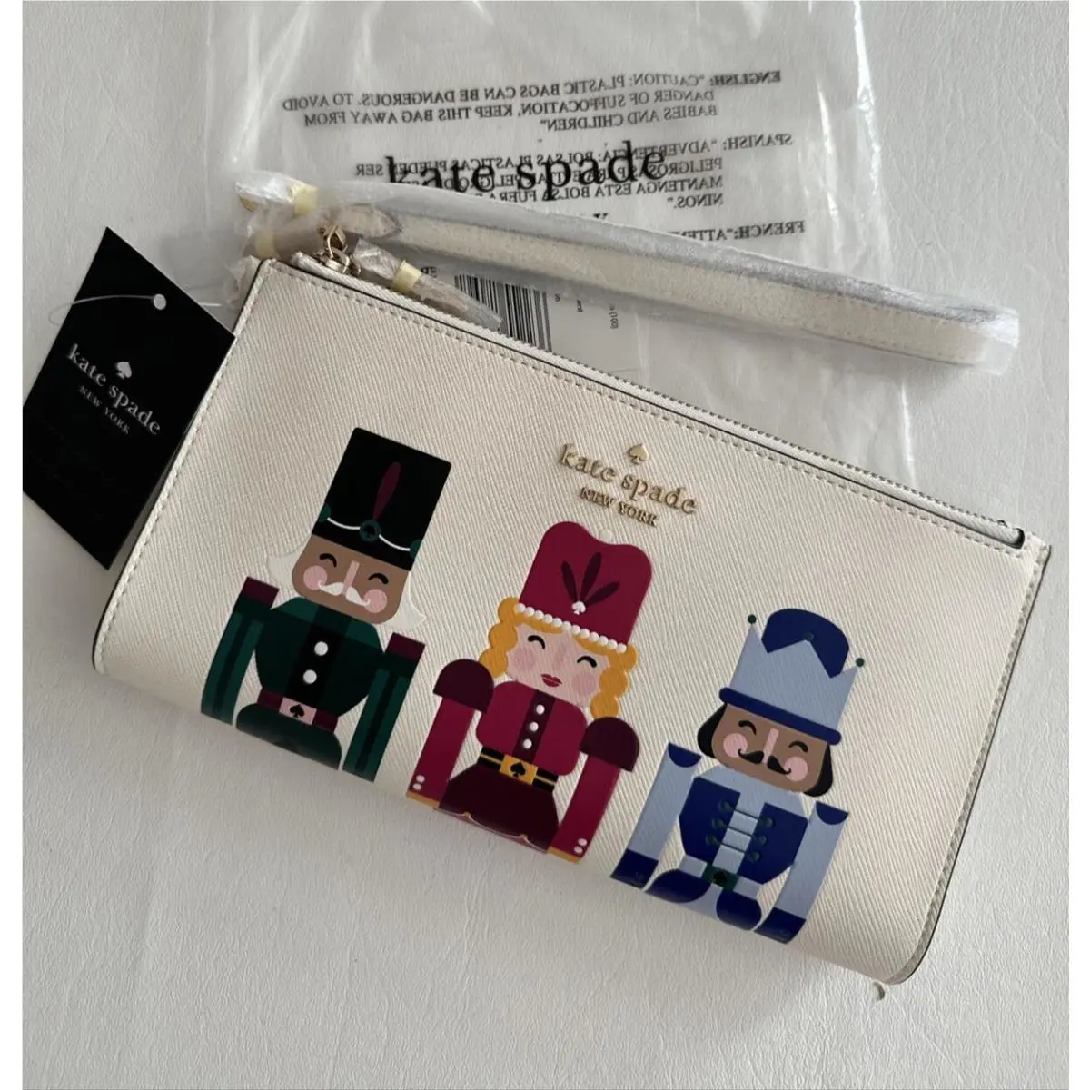 Kate Spade Oh What Fun Nutcracker Double Zip Off White Wristlet KJ073 Wallet New