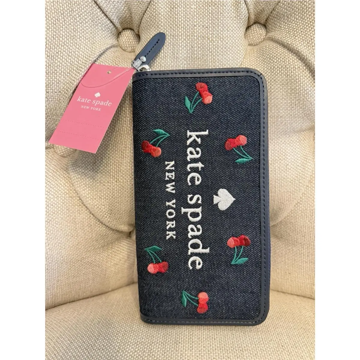 New Kate Spade Ella Large Cherry Embroidered Denim Continental Zip Around Wallet