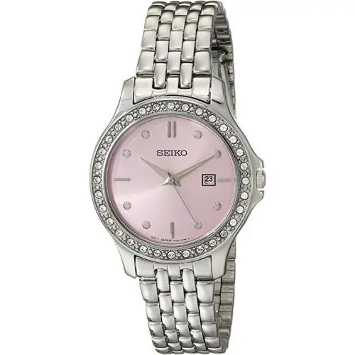 Seiko Women`s Watch Stanless Steel Swarovski Crystal Pink Dial SXDF89