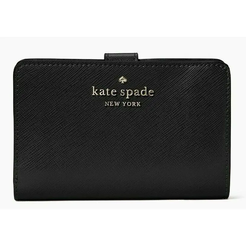 R Kate Spade Staci Medium Compact Bifold Black Leather Wallet WLR00128 F
