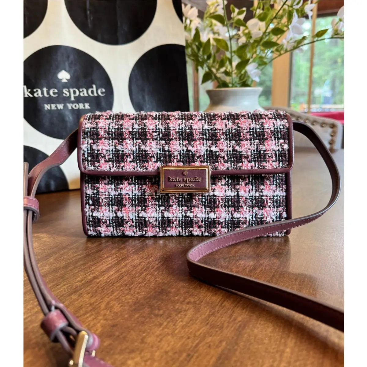 Kate Spade Reegan Flap Wallet Crossbody - Cherrywood Tweed Fabric KC703