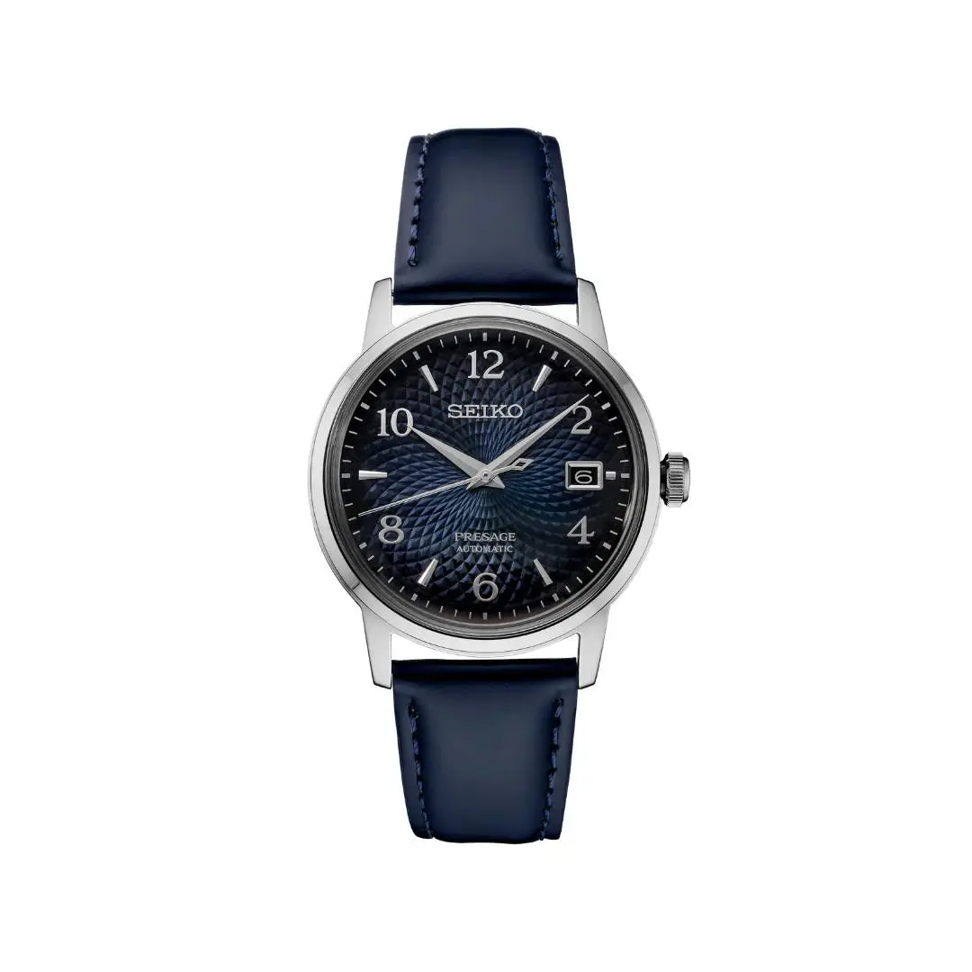 Seiko Presage Cocktail Time Blue Dial Leather Strap Men`s Watch SRPE43 - Dial: Blue, Band: Black, Bezel: Silver