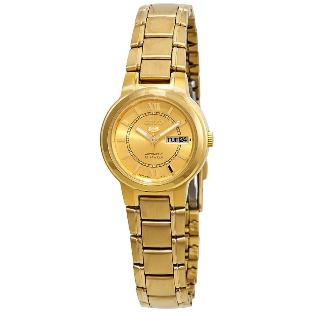 Seiko 5 SYME58 Women` Gold Tone Stainless Steel Gold Dial Automatic Watch