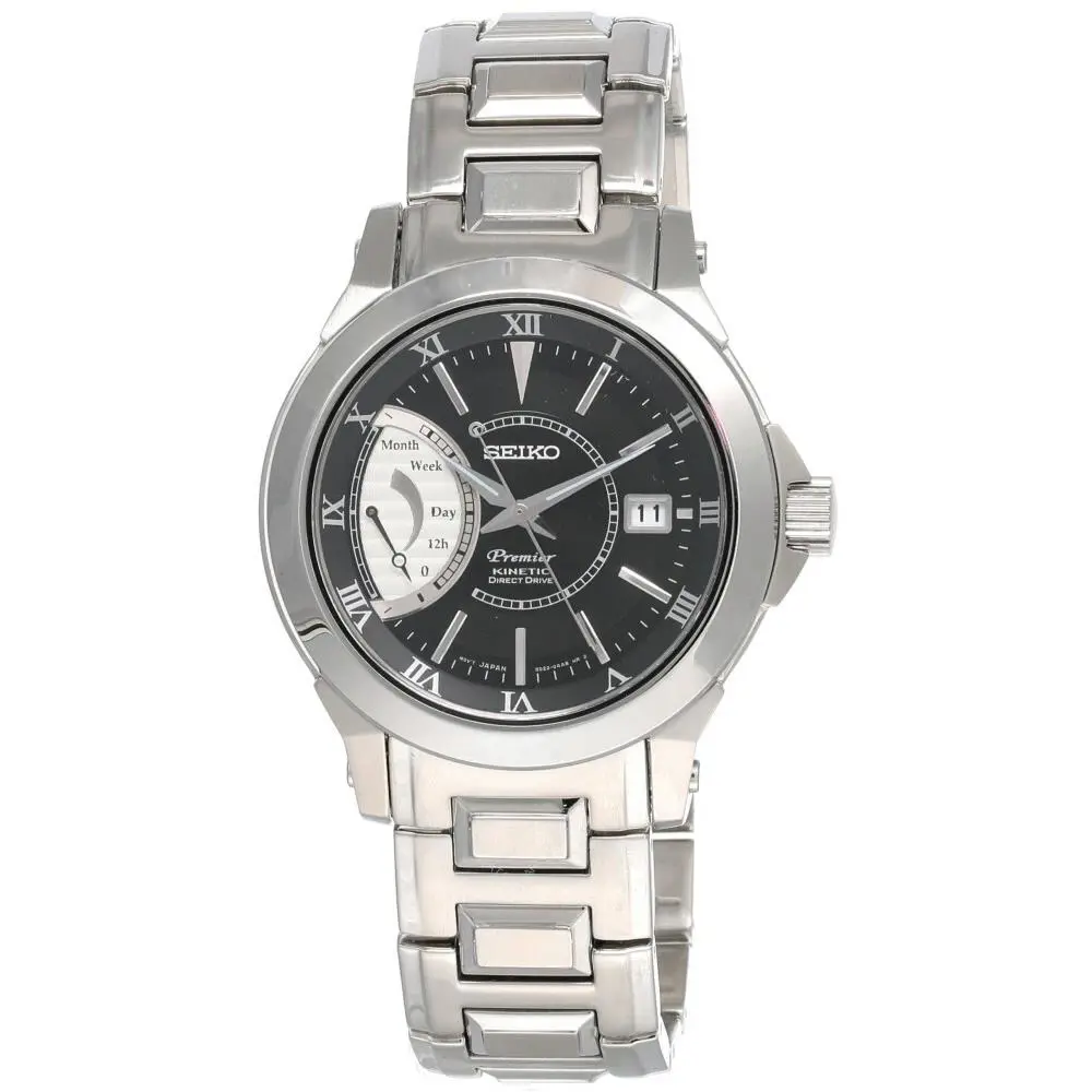 Seiko Premier Kinetic Direct Drive Black Dial SS Men`s Watch SRG001 - Dial: Black, Band: Silver, Bezel: Silver