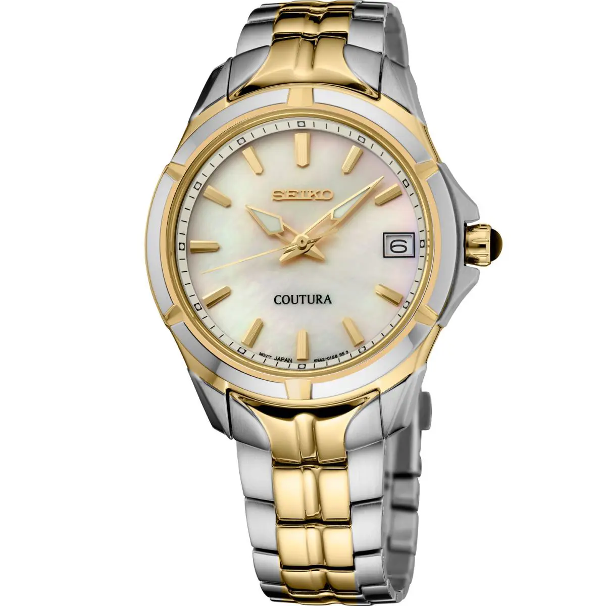 Seiko Coutura Two-tone Quartz Mother of Pearl Dial Women`s Watch SUR586 - Dial: White, Band: Silver, Bezel: Silver