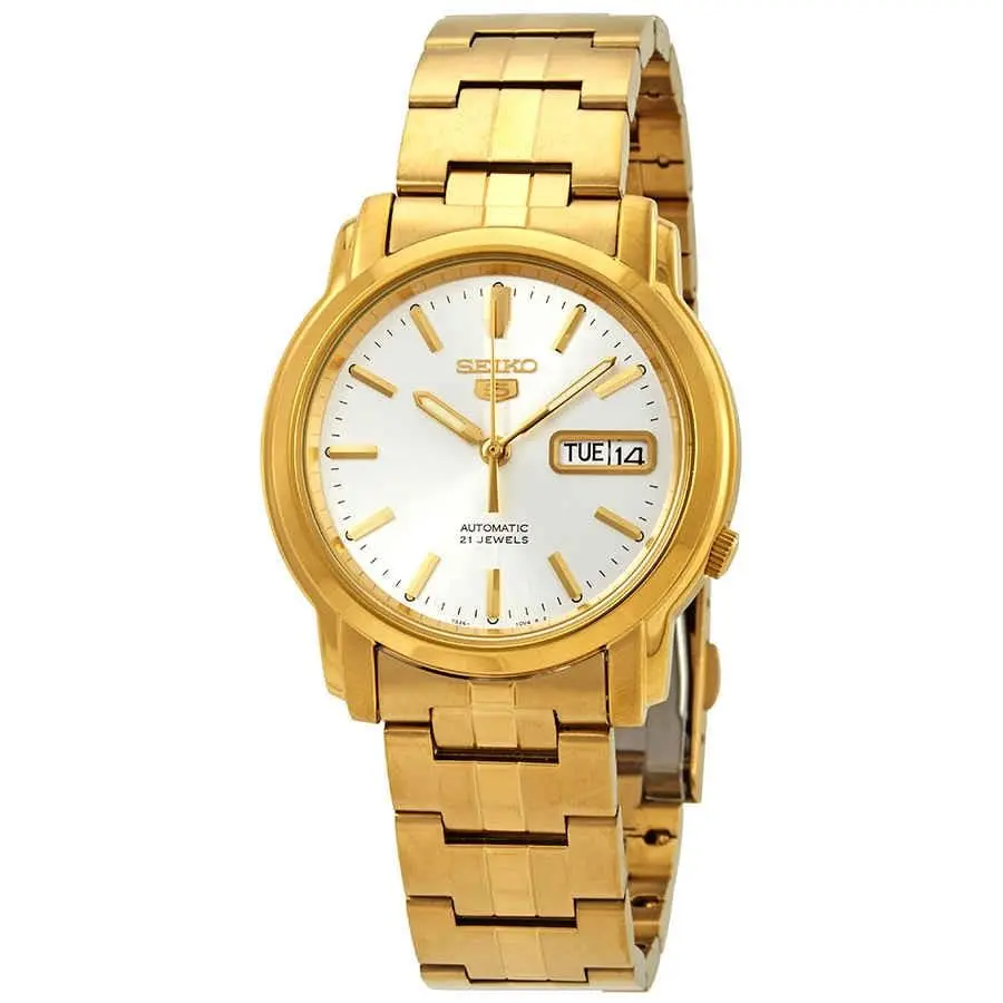 Seiko SNKK74 Seiko 5 Silver Dial 38 mm Men`s Watch - Yellow Gold-tone, Dial: Silver, Band: Gold