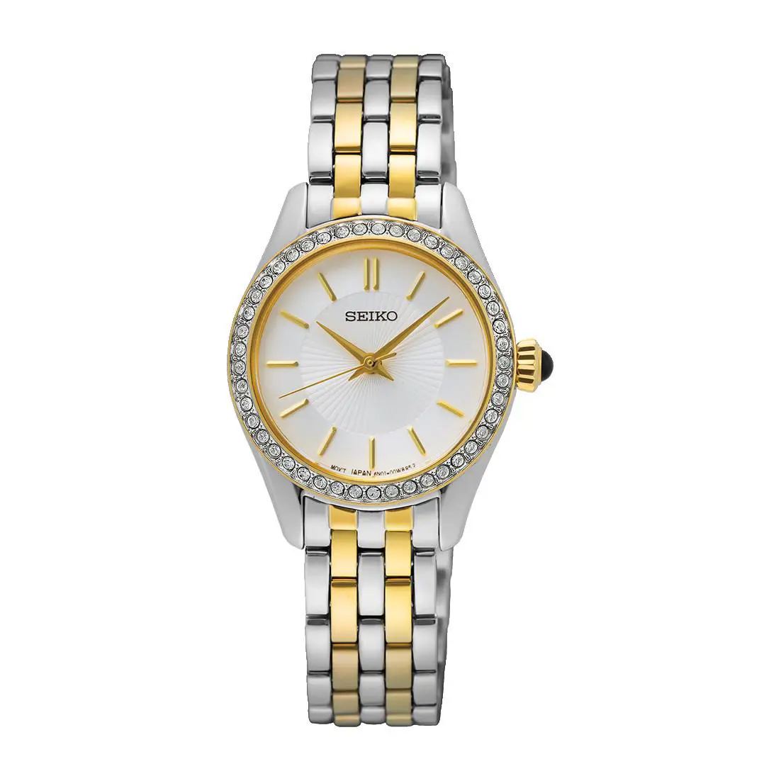 Seiko Essentials Collection Crystal 26mm Two-tone Stainless Steel Women`s Watch - Dial: White, Band: Gold, Multicolor, Silver, Bezel: Gold