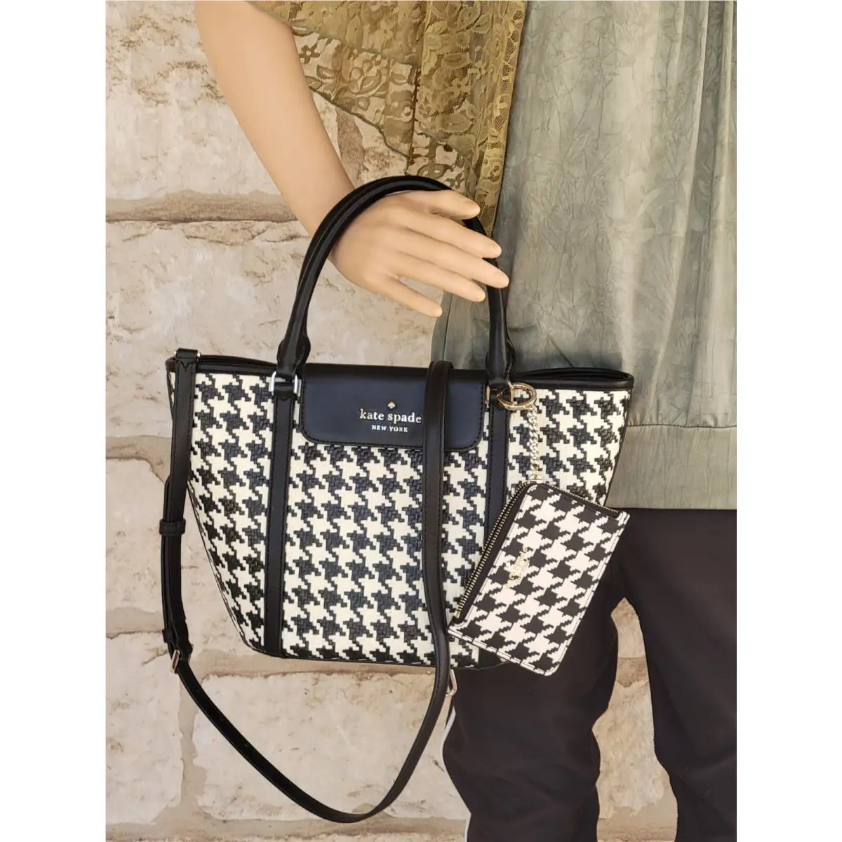Kate Spade 2-pc Set Cruise Woven Houndstooth Medium Tote/x-body/handbag+cardcase