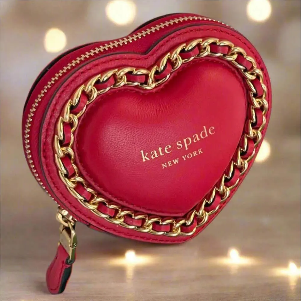 Kate Spade Amour Puffy Smooth 3d Heart Chain Leather Coin Purse Valentine`s