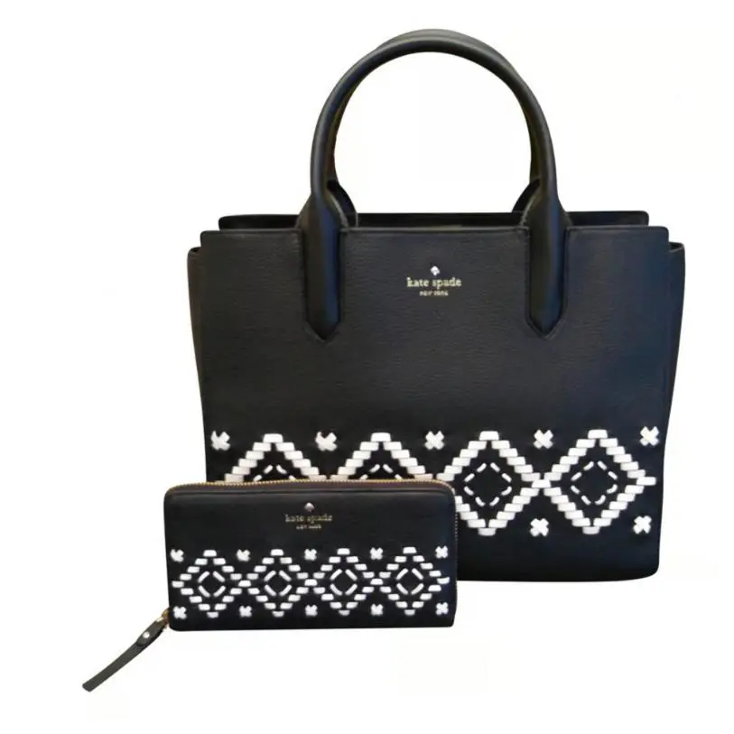 Kate Spade Black White Meriwether Flynn Whipstitch Tote W/matching Wallet Set