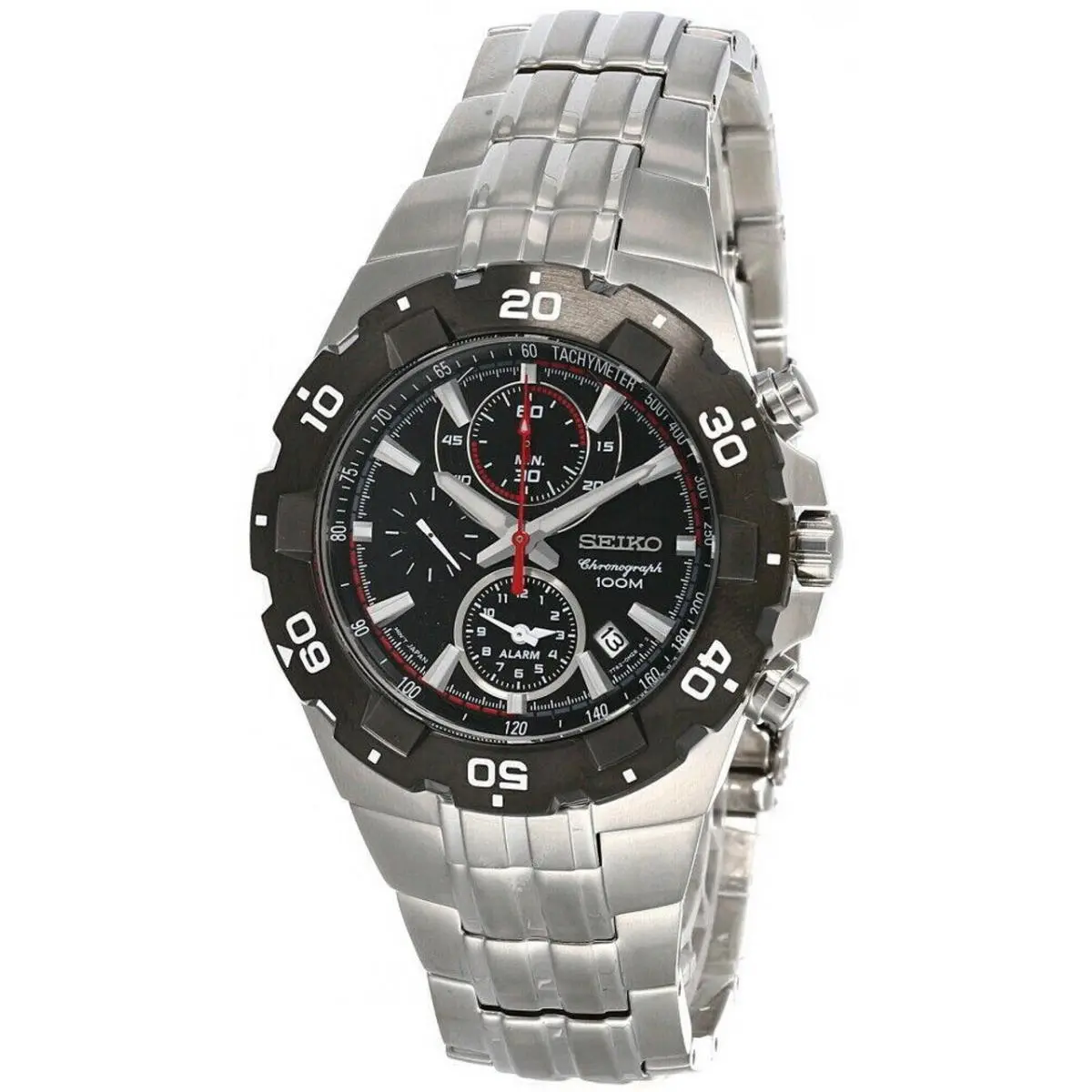 Seiko Chronograph Stainless Steel Black Dial Men`s Watch SNAD35