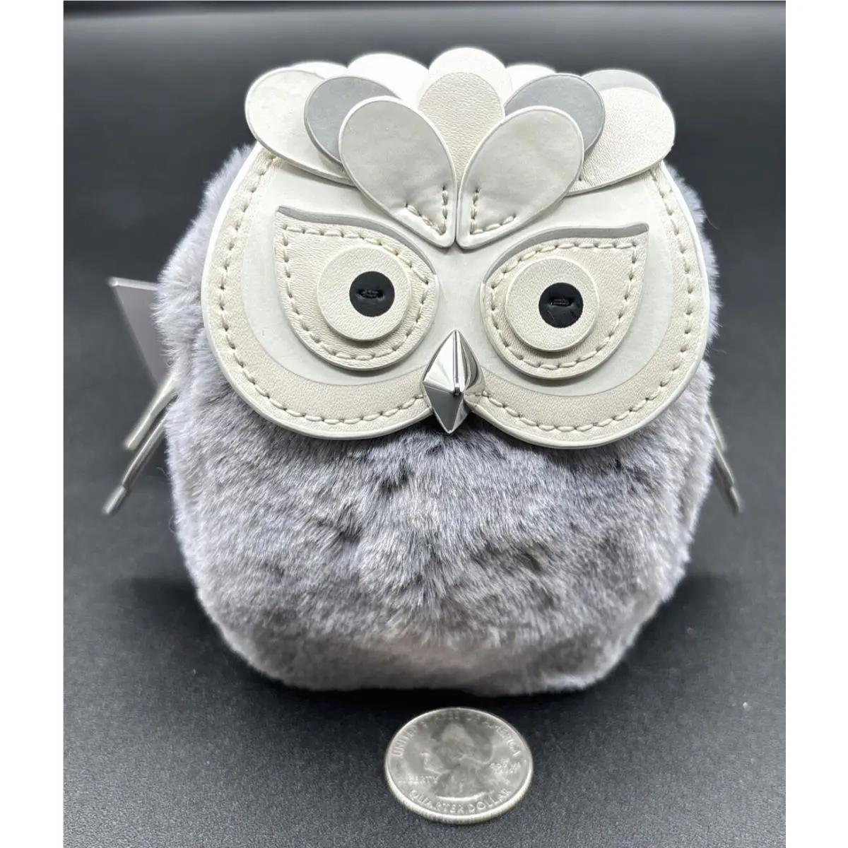 Kate Spade Owl Coin Purse Gray Leather Soft Fur Bag Charm Novelty KE693 New