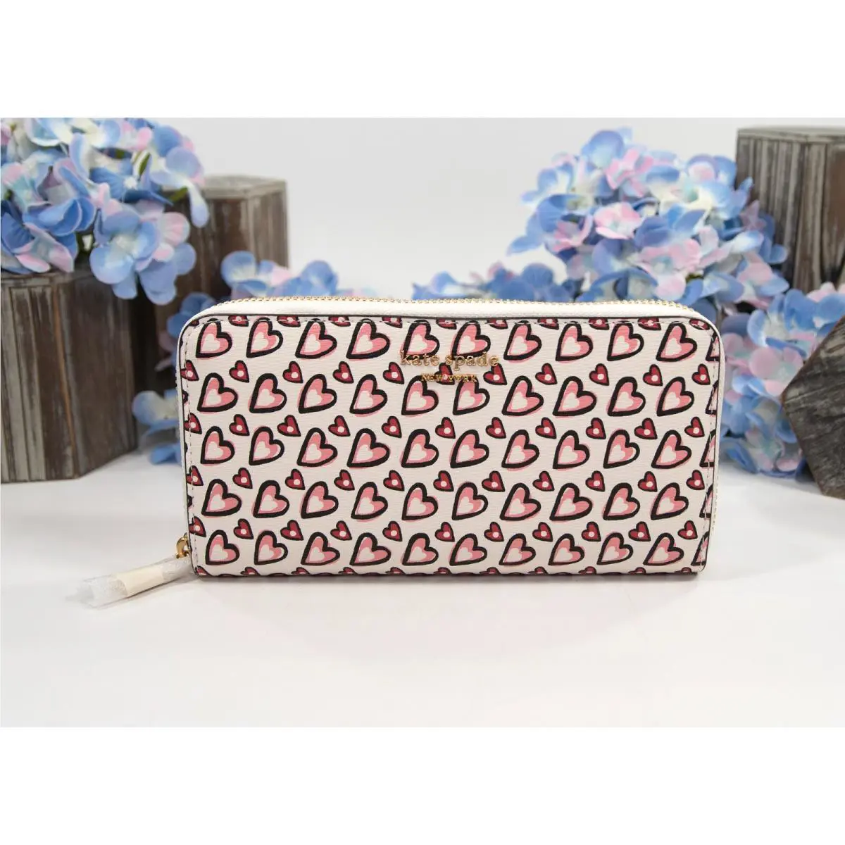 Kate Spade Morgan Fancy Hearts Leather Spencer Zip Around Lacey Wallet