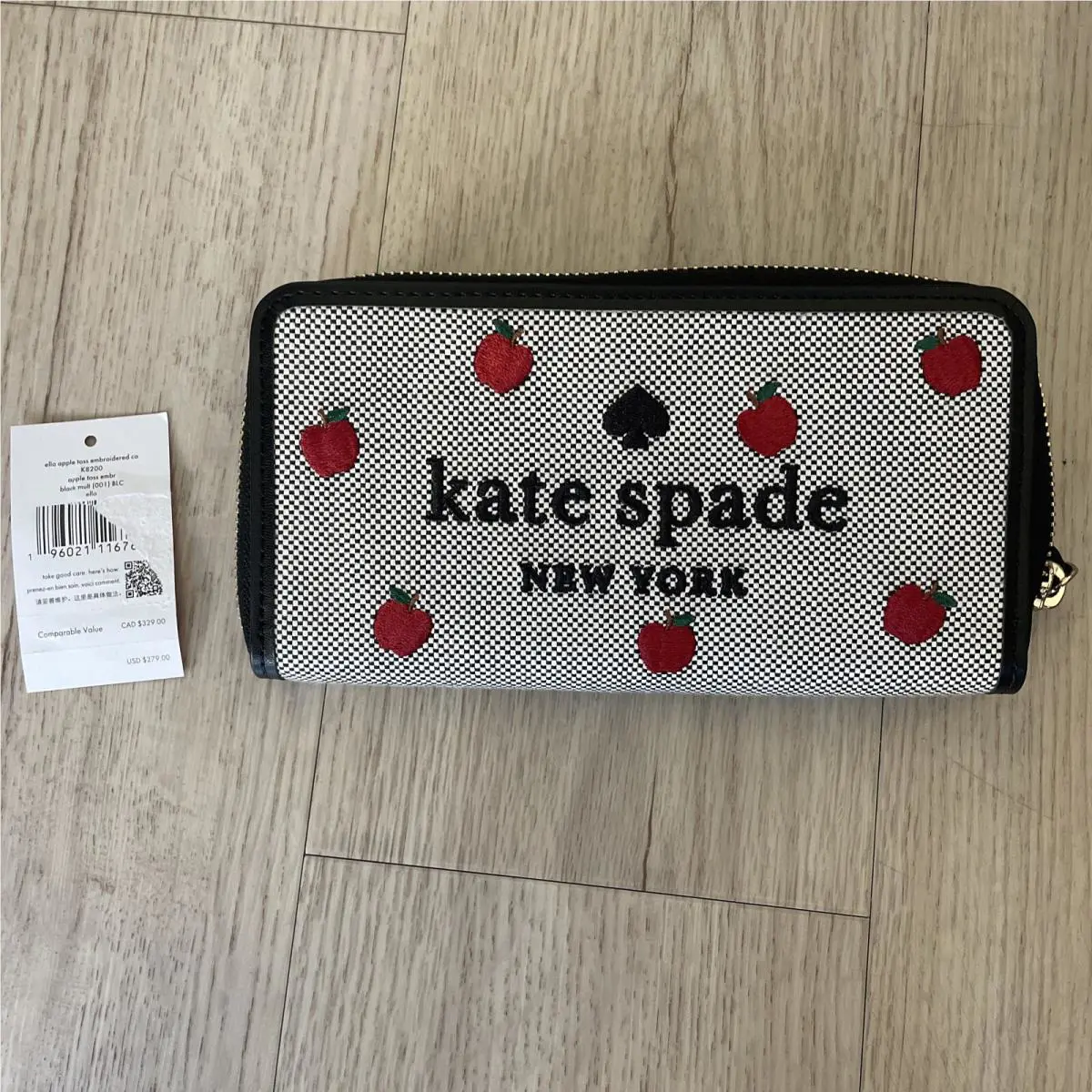 Kate Spade Ella Apple Toss Embroidered Large Continental Zip Wallet Black Multi