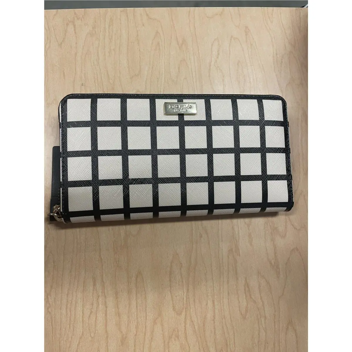 Kate Spade Brightwater Black Beige Plaid Neda Continental Zip Around Wallet